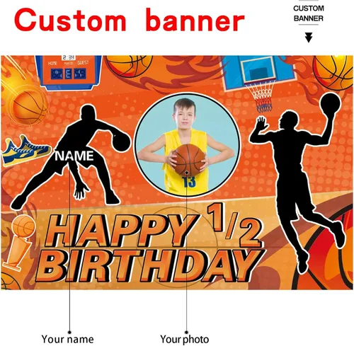 Miniatura 2 de Cartel personalizado de decoración de fiesta de cumpleaños de medio año, tema de baloncesto personalizado, fondo de deportes de baloncesto de feliz