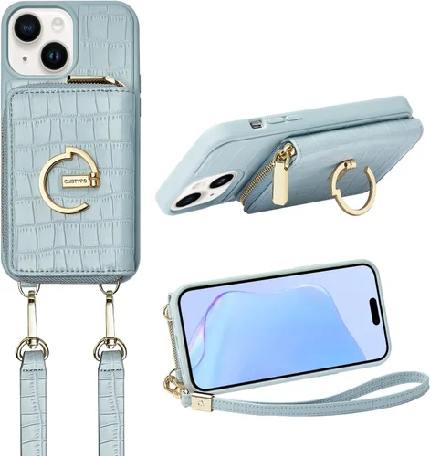 CUSTYPE Funda tipo cartera para iPhone 15 con tarjetero para mujer, funda cruzada con cremallera y correa para muñeca, funda protectora de cuero con