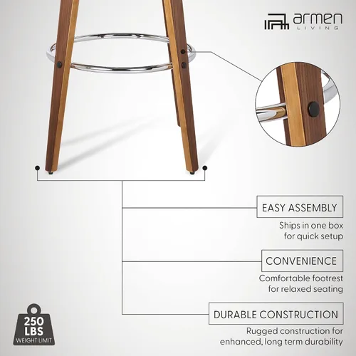Miniatura 4 de Armen Living Shelly 26" Altura del Asiento Taburete Giratorio de Bar de Estilo Moderno de Mediados del Siglo para Isla de Cocina y Encimera en Cuero