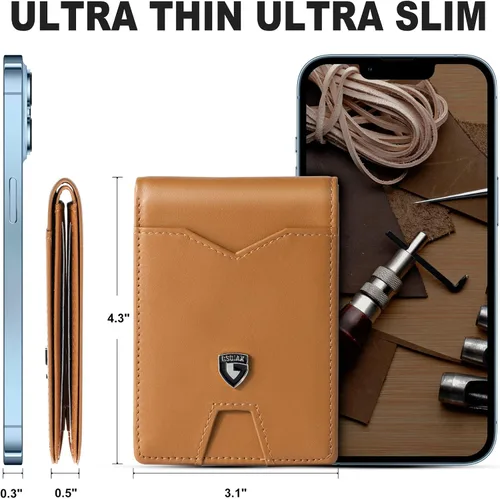 Miniatura 6 de GSOIAX Billetera delgada para hombre, minimalista, de piel auténtica, fibra de carbono, bloqueo Rfid, de piel de vaca, plegable, tarjetero con caja