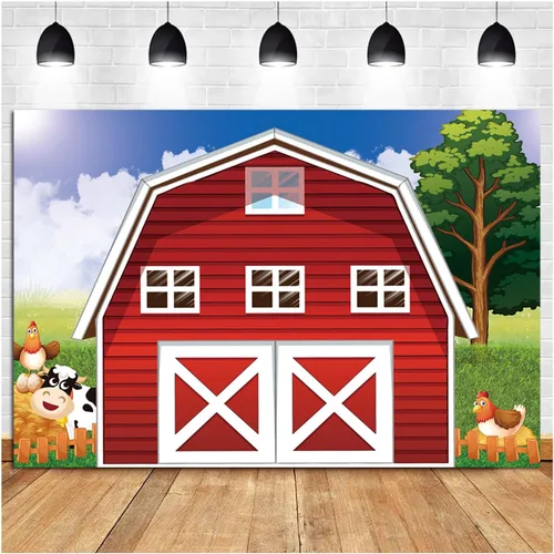 Telón de fondo de fotografía de granja de dibujos animados de 7 x 5 pies, animales rústicos, granero rojo, fondo de fotos para niños, decoración de