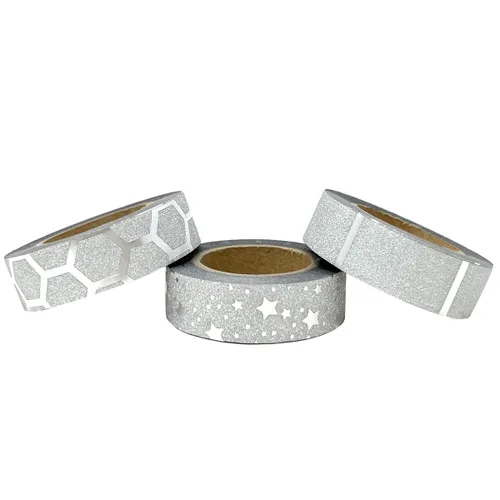 Miniatura 2 de allydrew Cintas adhesivas Washi con purpurina y brillo (juego de 3), estrellas plateadas con purpurina