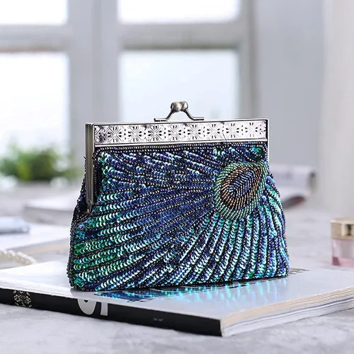 Miniatura 7 de LIFEWISH Bolso de noche único con lentejuelas de lujo para mujer, para boda, novia, fiesta, graduación, bolso de mano (azul pavo real)