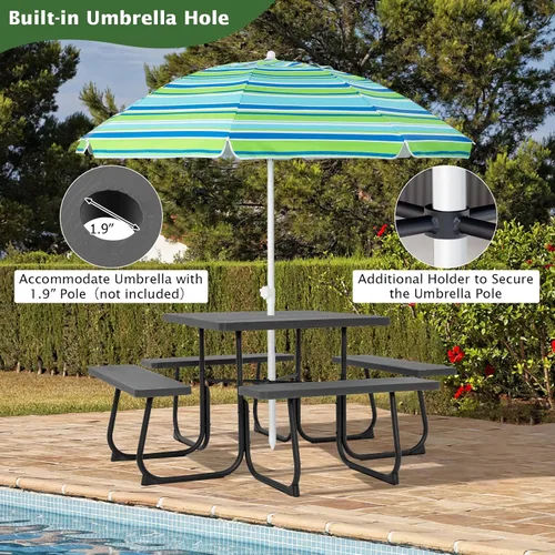 Miniatura 2 de Giantex Juego de mesa de picnic para 8 personas, mesa cuadrada para exteriores con agujero para paraguas, parte superior de polietileno de alta