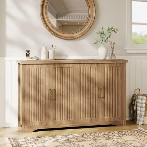Miniatura 9 de Memobarco Aparador Acanalado con Almacenamiento, Credenza Moderna con 4 Puertas y Estantes Ajustables, Consola de Mesa de Bar de Café de Madera