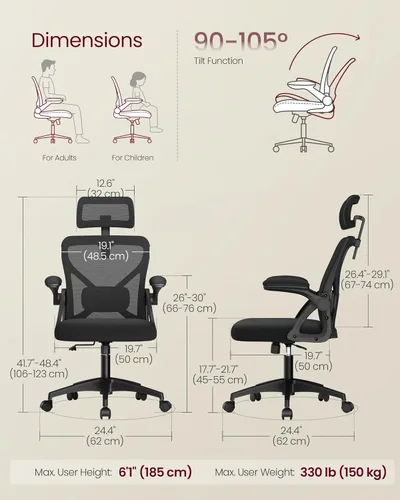 Miniatura 3 de VASAGLE Silla de oficina ergonómica de malla con soporte lumbar ajustable y reposacabezas, función de inclinación de 90-105°, asiento ancho, Negro
