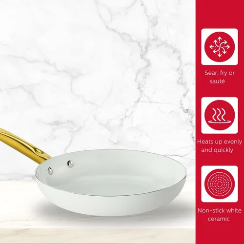 Miniatura 3 de Holstein Housewares Sartén antiadherente de cerámica de 8 pulgadas, elegante mango de color blanco y dorado, elegancia dorada para cada cocina