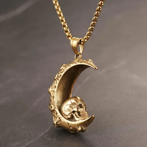 Miniatura 4 de HZMAN Collar con colgante de acero inoxidable con diseño gótico retro de luna creciente y cráneo, cadena de 22+2 pulgadas