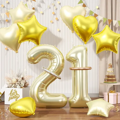 Miniatura 35 de Globos dorados de color champán con el número 11, globos de oro claro, globo de aluminio dorado con forma de corazón con estrella y globo largo
