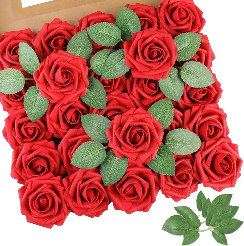 Miniatura 10 de AmyHomie 25 rosas artificiales beige de aspecto real con tallo para ramos de boda, centros de mesa, arreglos de fiesta, baby shower, día de San