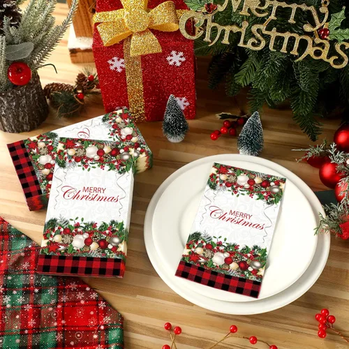Miniatura 5 de Cholemy 200 servilletas de papel desechables de papel de 2 capas, diseño de bola de árbol de Navidad, diseño de Papá Noel negro, para cocina y baño