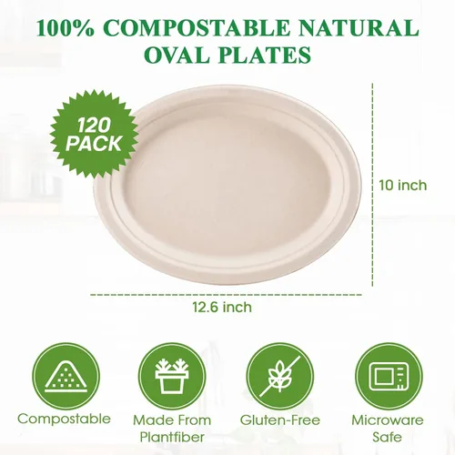Miniatura 5 de Vplus Platos de papel ovalados 100% compostables 12 pulgadas 120 paquetes Platos de cena desechables súper resistentes Platos de caña de azúcar 12