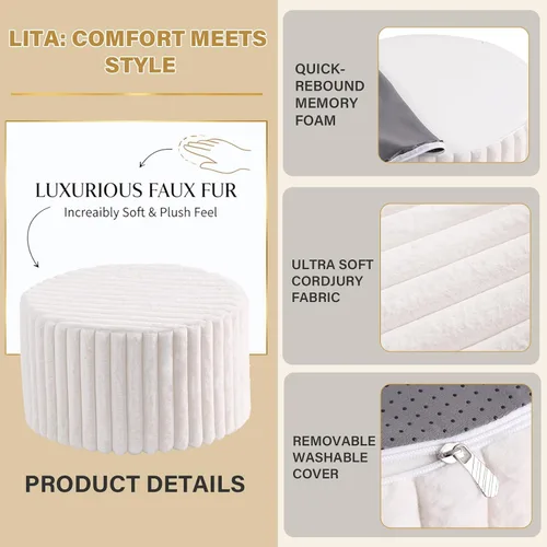 Miniatura 4 de LITA Puf redondo de relleno, puf de pana con relleno de espuma de alta densidad y funda lavable, taburete de puf peludo y esponjoso, otomano