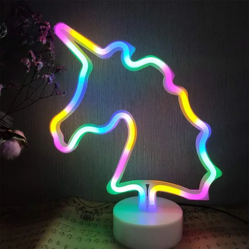 Cartel de neón LED para interior, luz nocturna con base de soporte, funciona con batería/USB, luz decorativa de neón Unicornio