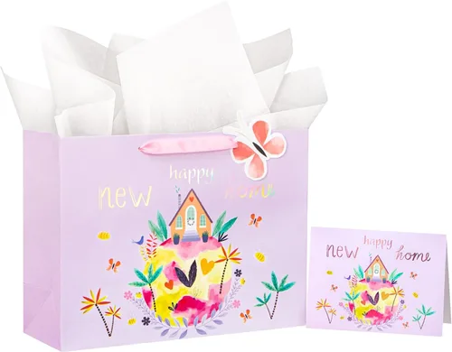 Miniatura 8 de WRAPAHOLIC Bolsa de regalo de 13 pulgadas con tarjeta y papel de seda, bolsas de papel de diseño Greeny House para inauguración de la casa, regalo