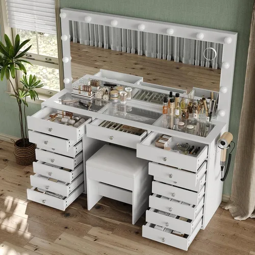 Miniatura 3 de Yanosaku Escritorio de tocador de 55 pulgadas de ancho, tocador de maquillaje con estación de carga, 15 cajones con espejo iluminado, 3 modos
