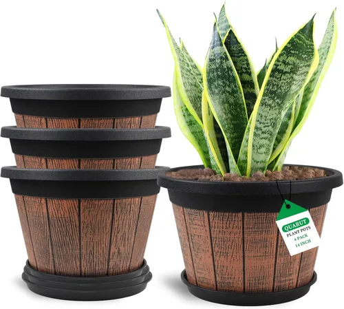 Miniatura 9 de Quarut - Paquete de 4 macetas de 8 pulgadas, macetas de barril de whisky mejoradas con agujeros de drenaje y platillo, macetas de flores de plástico