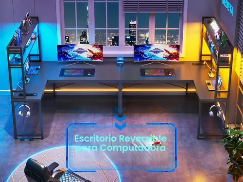 Miniatura 7 de SEDETA Escritorio para juegos en forma de L, escritorio esquinero pequeño reversible de 45.3 pulgadas con toma de corriente y luces LED, escritorio