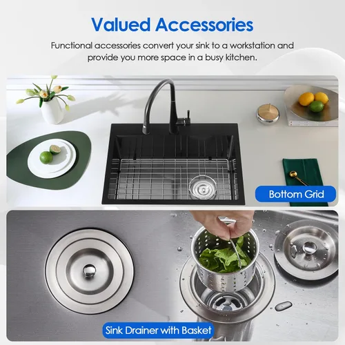 Miniatura 9 de Fregadero de cocina empotrable de 22 x 18 x 9 pulgadas, fregadero de acero inoxidable 304 negro hecho a mano, desagüe descentrado, esquina de radio
