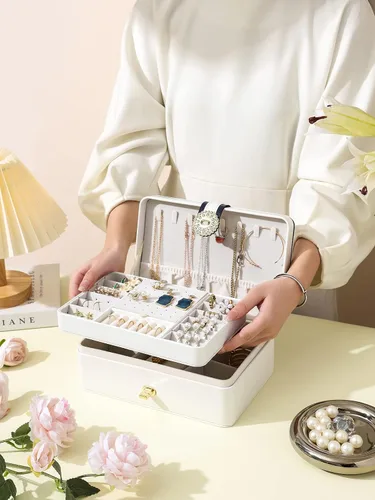 Miniatura 6 de AOSIFIEL Joyero y organizador para mujeres, adolescentes, niños, aretes, joyero con colgador de collar, caja de joyería de pie de piel sintética