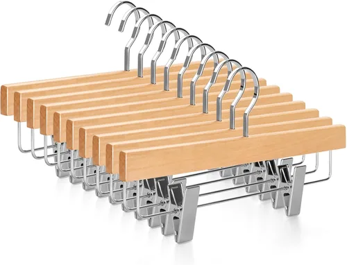 Miniatura 10 de TOPIA HANGER Perchas de madera negra para pantalones, perchas de falda de madera con clips, percha de lujo para jeans con gancho plano anti-óxido