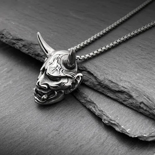 Miniatura 7 de Oni Mask Hannya Prajna - Collar de acero inoxidable con máscara de diablo japonés, collar de samurái de buena suerte