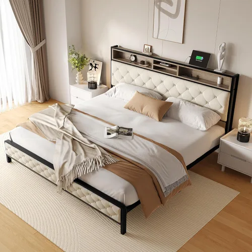 Miniatura 10 de YITAHOME Base de cama de plataforma tamaño Queen con cabecera de 45.2 pulgadas de alto, cabecera de almacenamiento tapizada con estación de carga