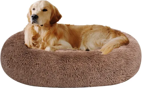Coohom Cama Ovalada Calmante Tipo Dona Acurrucadora para Perros, Cama de Piel Sintética Afelpada para Gatos Almohada Redonda Lavable para Mascotas
