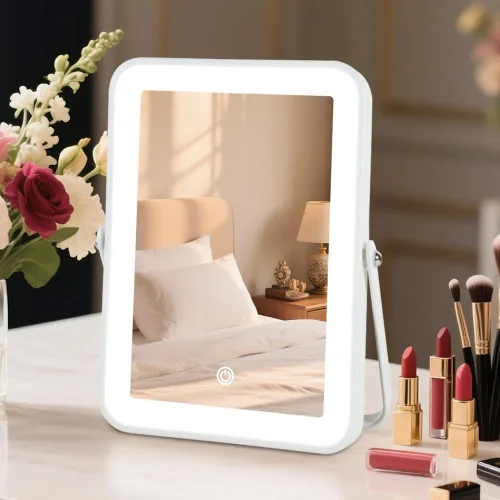 Espejo de tocador LED recargable con luces, espejo de maquillaje iluminado pequeño de 10"x7", espejo de escritorio portátil de viaje, iluminación de