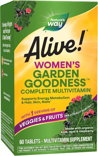 Nature's Way Alive! Women's Garden Goodness Multivitamínico completo, 1 porción de verduras y frutas por porción de 2 tabletas, con col rizada