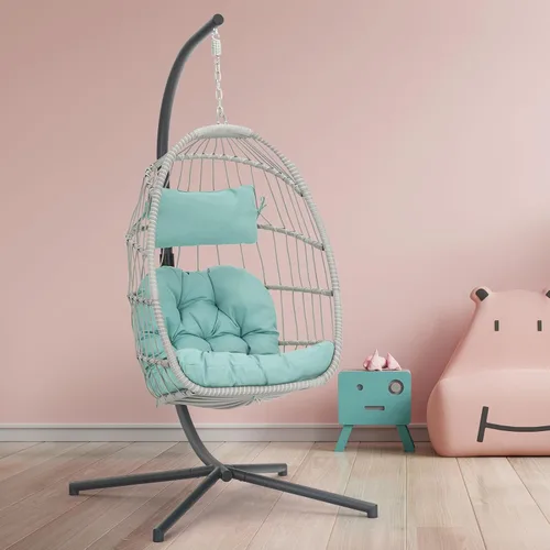 Miniatura 10 de Brafab Silla de huevo rosa con soporte para interior y exterior, silla colgante de mimbre para patio con soporte, silla de hamaca de huevo con cojín