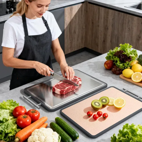 Miniatura 7 de Tabla de cortar pequeña de acero inoxidable de 8 x 10 pulgadas, tabla de cortar de acero de doble cara para cocina, paja de acero y trigo, tabla