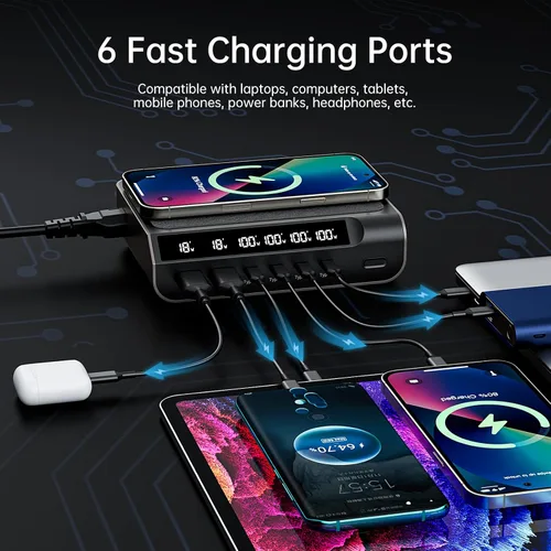 Miniatura 4 de Cargador compacto USB C de 240 W - Cargador GaN de 6 puertos con pantalla digital para teléfonos, tabletas, portátiles (oro champán)