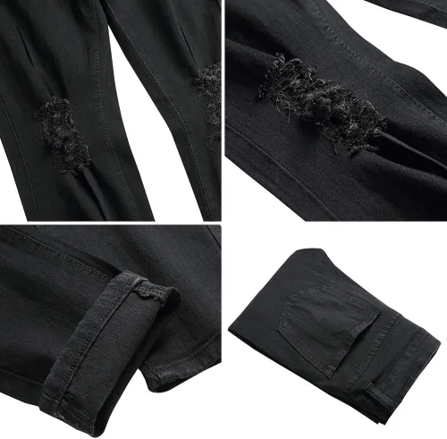 Miniatura 7 de LONGBIDA Pantalones de mezclilla ajustados rasgados para hombre, elásticos, ajustados, con agujeros en la rodilla, pierna cónica