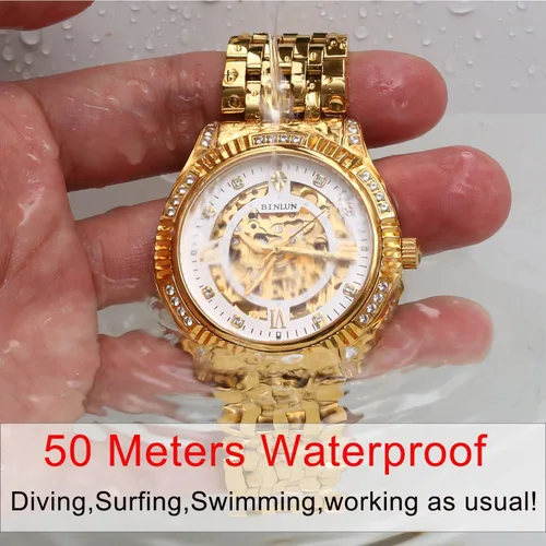Miniatura 3 de BINLUN Reloj de pulsera para hombre, mecánico automático, reloj dorado con cuerda automática, elegante, chapado en oro de 18 quilates, relojes