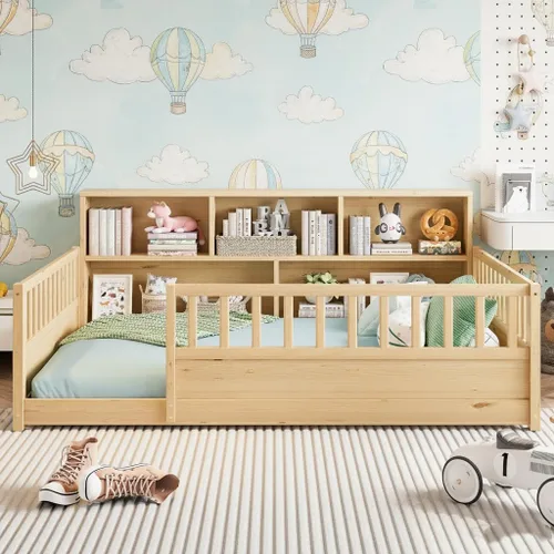 Miniatura 9 de SOFTSEA Montessori - Cama con puerta y barandillas, marco de cama baja de madera maciza con valla, no necesita somier, natural