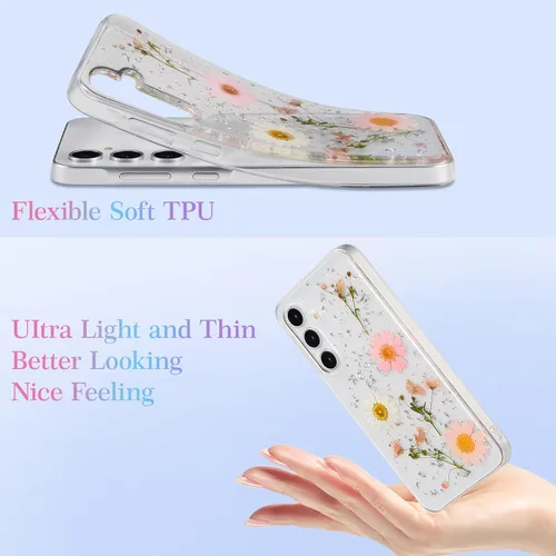 Miniatura 4 de EYZUTAK Funda para Samsung Galaxy A15 4G/5G, Bling Glitter Lentejuelas Hecho a Mano Hoja De Flor Seca Real Funda Estética Transparente Embedded