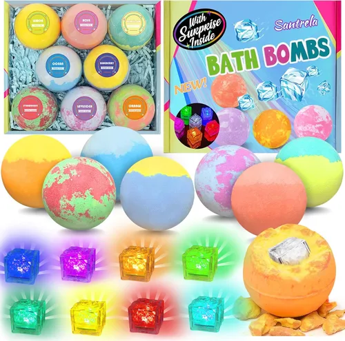 Bombas de baño para niños con juguetes sorpresa en el interior, 8 bombas de baño iluminadas de 3.5 onzas con aceites esenciales, hidratante de spa