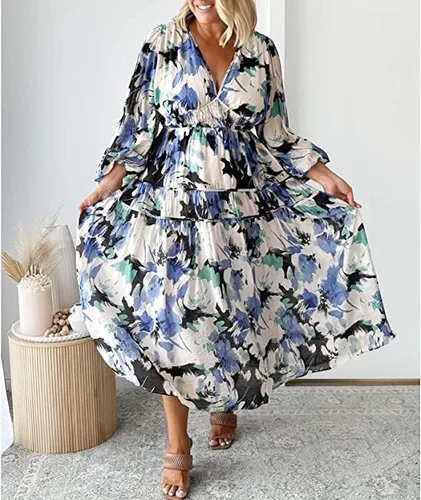 Miniatura 2 de Bowanadacles Women Floral Print Tiered Maxi Dress Puff Sleeve V Neck Smoked Dress Boho Flowy Beach Long Dresses