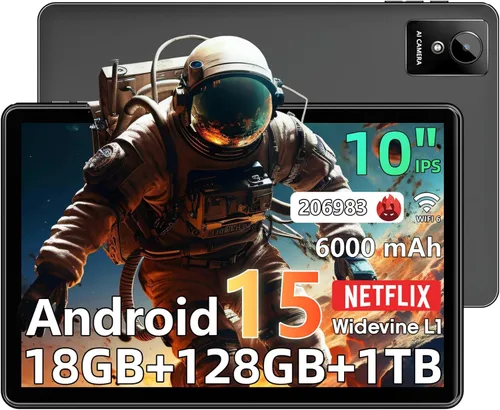 Raemond Tableta Android 15 de 10 pulgadas, 18GB RAM 128GB ROM 1TB Expand, procesador Octa-Core, 1280x800 IPS Widevine L1, WiFi 6, cámara dual de