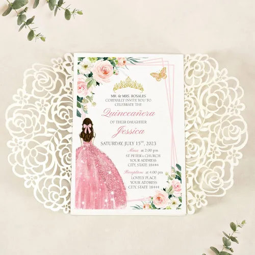Miniatura 5 de DORIS HOME 50 invitaciones de quinceañera cortadas con láser con sobre, invitaciones de purpurina rosa de 4.9 x 7.2 pies cortadas con láser