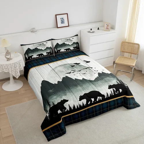 Miniatura 4 de Juego de edredón de oso rústico tamaño individual para mujeres adultas, ropa de cama con estampado de oso salvaje y animales salvajes, relleno