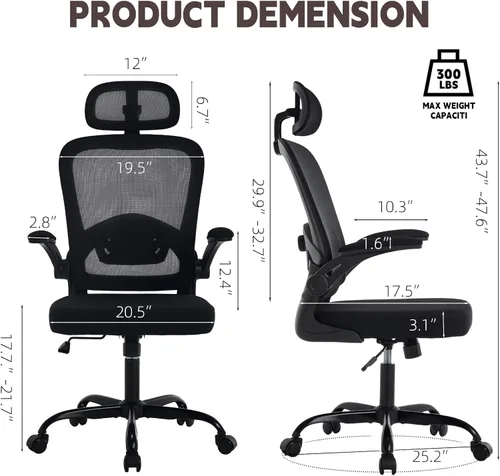 Miniatura 2 de Silla de oficina ergonómica con soporte lumbar ajustable 3D, respaldo alto de malla, reposacabezas giratorio de 75°, función mecedora, capacidad
