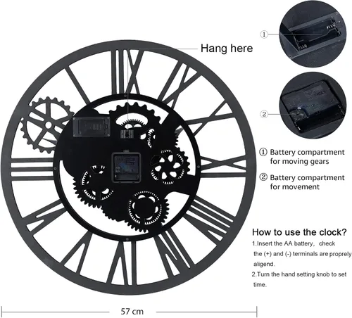 Miniatura 9 de Lafocuse Reloj de pared de engranaje móvil real de 23 pulgadas, reloj de pared Steampunk con engranajes rústicos, relojes de pared grandes de madera