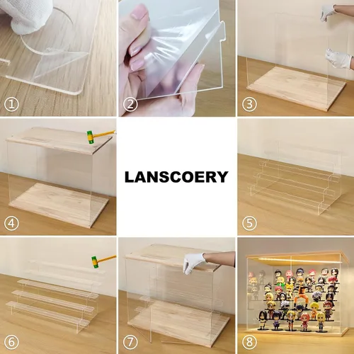 Miniatura 5 de LANSCOERY Vitrina de exhibición acrílica con luz LED, caja de exhibición de 6 niveles para coleccionables y figuras de acción, organizador Madera