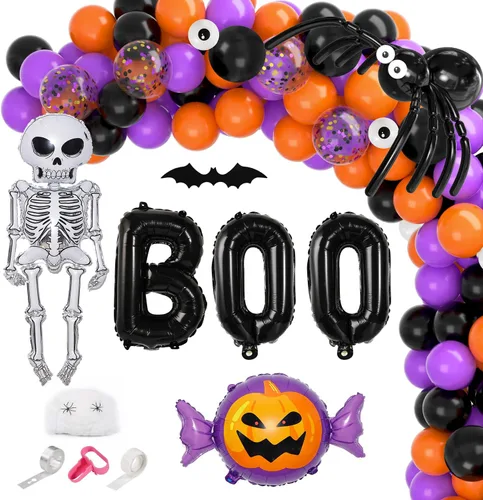 Garma Kit de arco de guirnalda de globos de Halloween, 129 piezas de decoraciones de globos de color negro, naranja, morado, con globo de confeti,