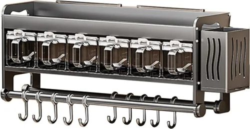 Miniatura 10 de Cuchillo colgante de pared para montaje en pared, taza de condimentos, estante de cuchillos que ahorra espacio con ganchos, organizador de cocina
