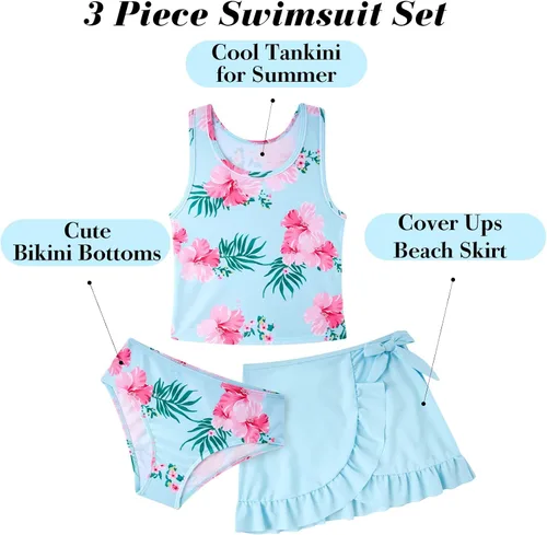 Miniatura 40 de Traje de baño tankini de 3 piezas para niñas, lindo bikini con salida de baño con falda de playa de 5 a 16 años