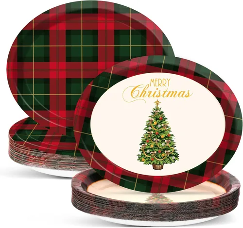 50 platos de papel ovalados de guinga rojo y verde de Navidad grandes de 11 pulgadas, desechables, decoraciones de fiesta temática de Navidad,