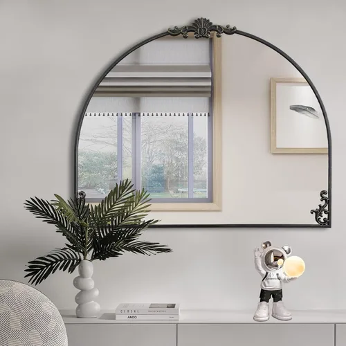 Miniatura 2 de POZINO Espejo arqueado negro, espejos de pared barrocos, espejo adornado tradicional de 36 x 30 pulgadas, espejos victorianos antiguos de granja